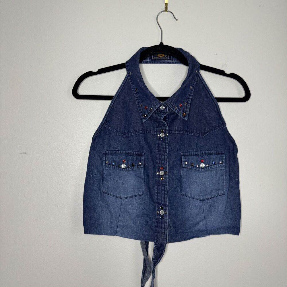 Route 66 Y2K Denim Halter Crop Top Small Blue Jean Rhinestone & Studded Tie Back